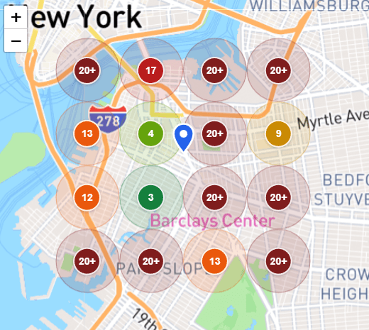 Google Maps ranking map for a hotel in Brooklyn: top 3 near the hotel, 20+ across most of the area